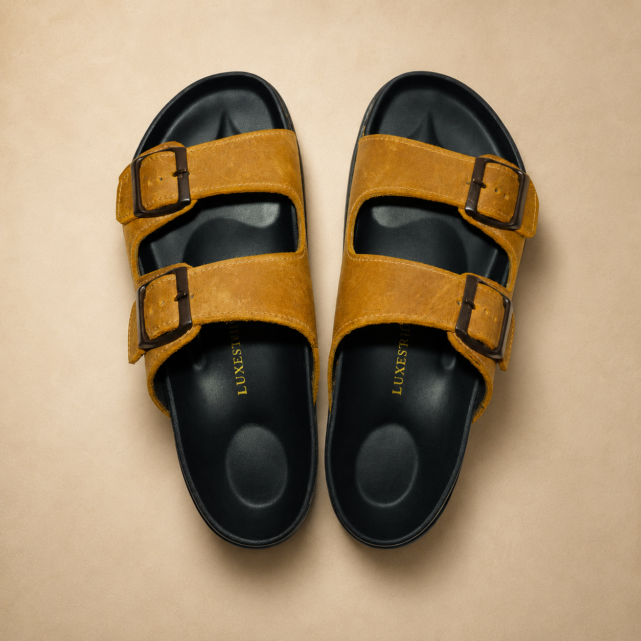 Heritage Tan Luxestride leather sandals, top view of the pair