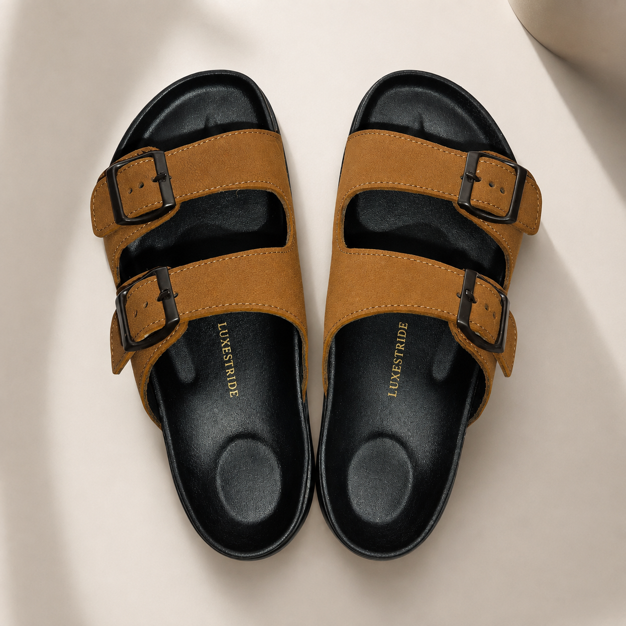 Heritage Brown Luxestride leather sandals, top view of the pair