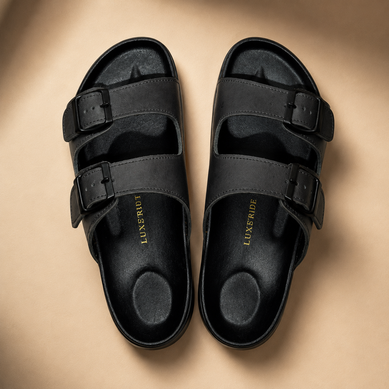 Heritage Grey Luxestride leather sandals, top view of the pair