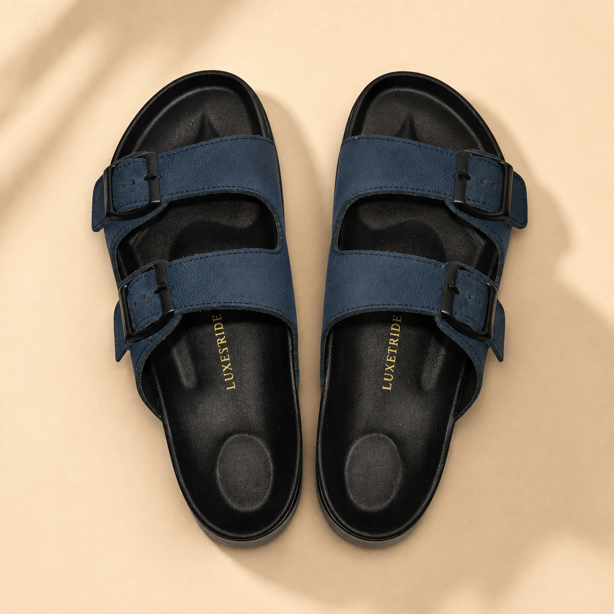Heritage Navy Luxestride leather sandals, top view of the pair