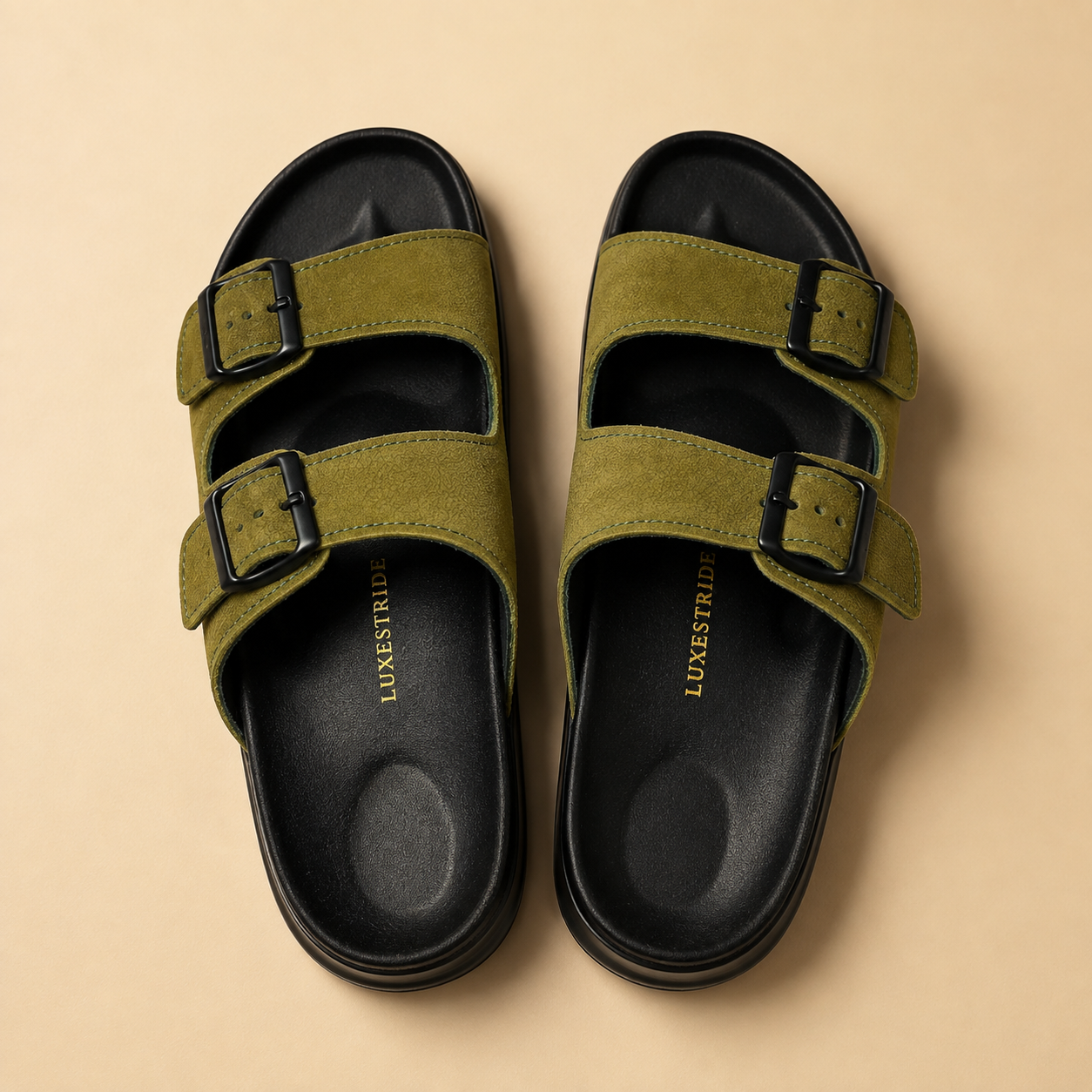 Heritage Olive Luxestride leather sandals, top view of the pair