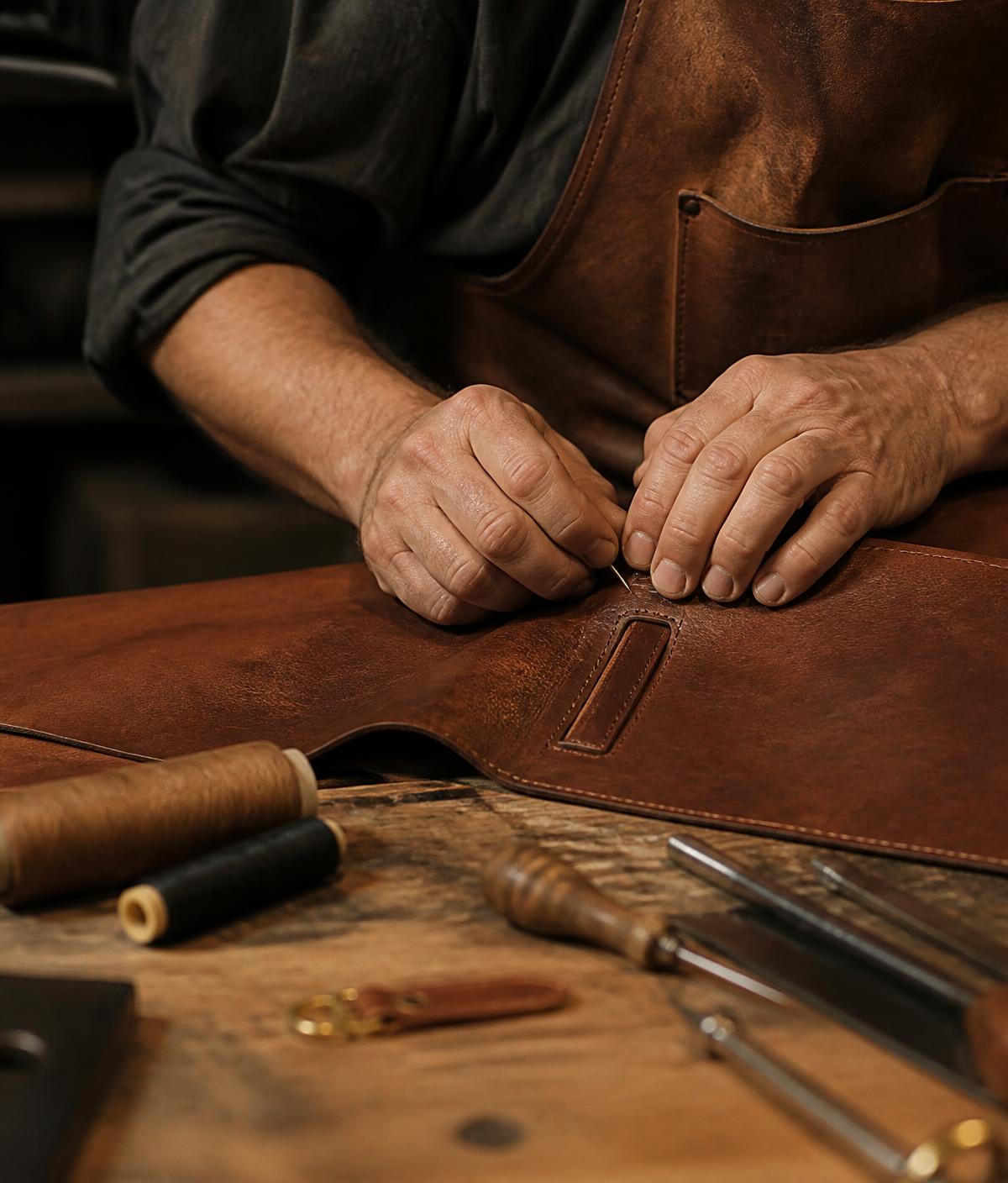 Craftsman shaping premium brown leather at a workbench