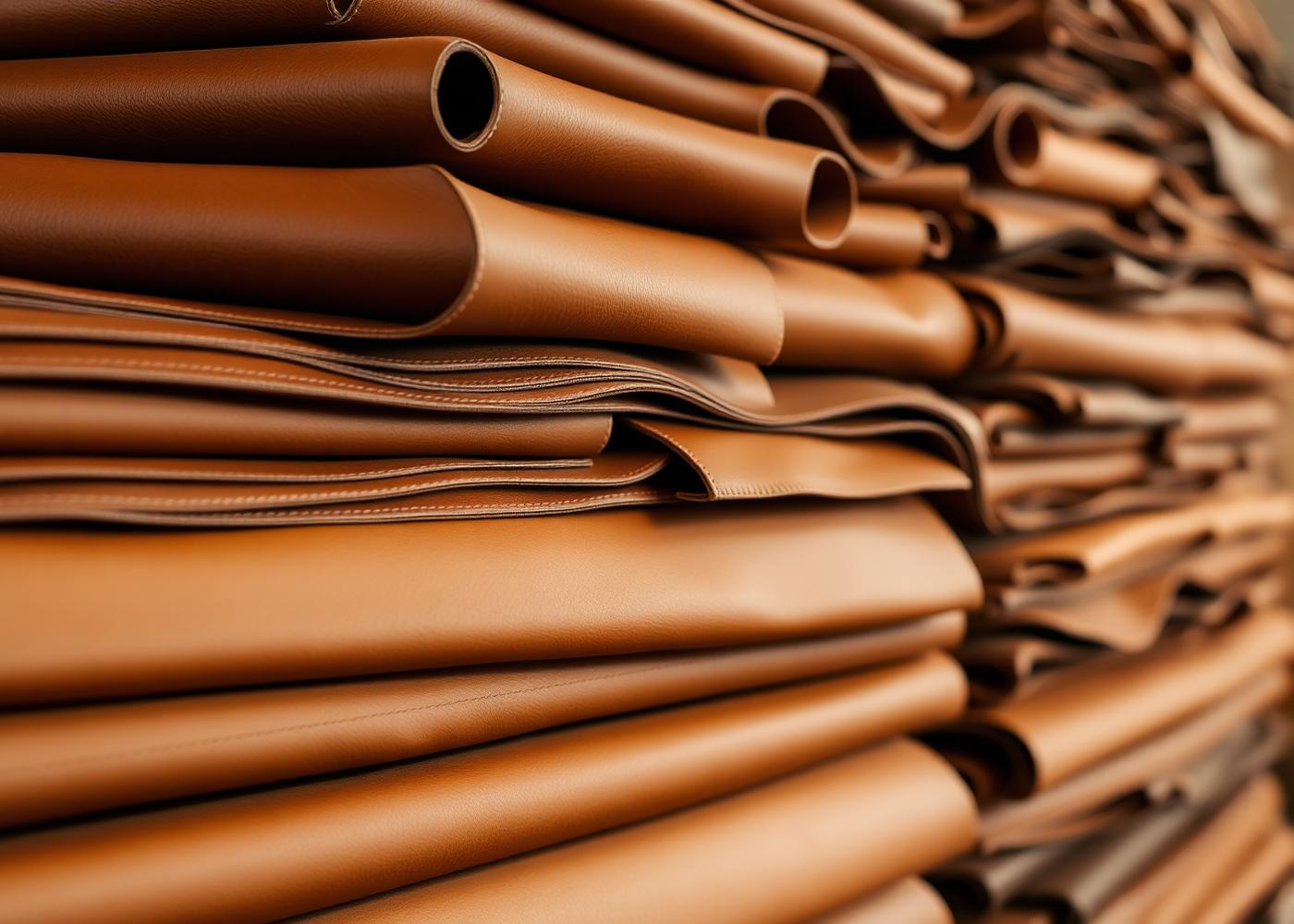 Stacked premium brown leather hides