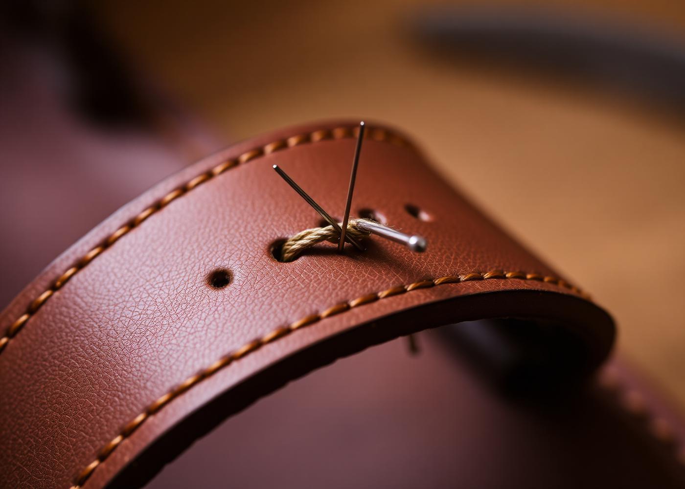 Close-up of hand stitching on a leather strap