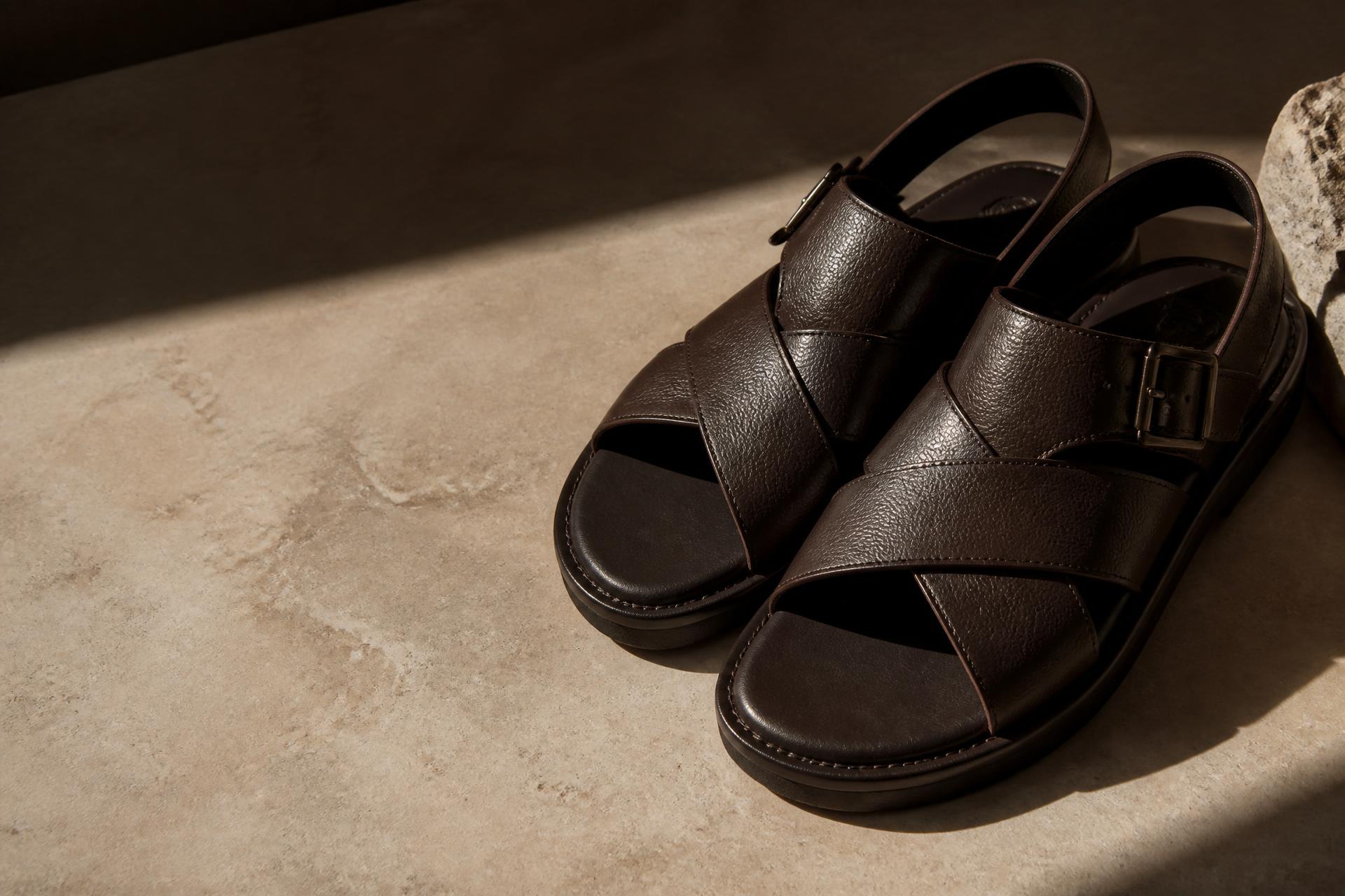 Dark brown Luxestride leather sandals resting on warm stone in directional light