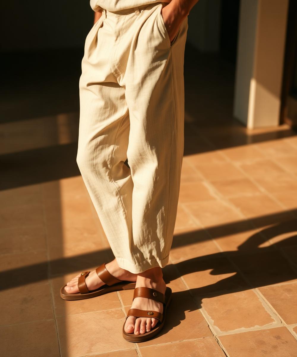Leather sandals styled with cream linen trousers