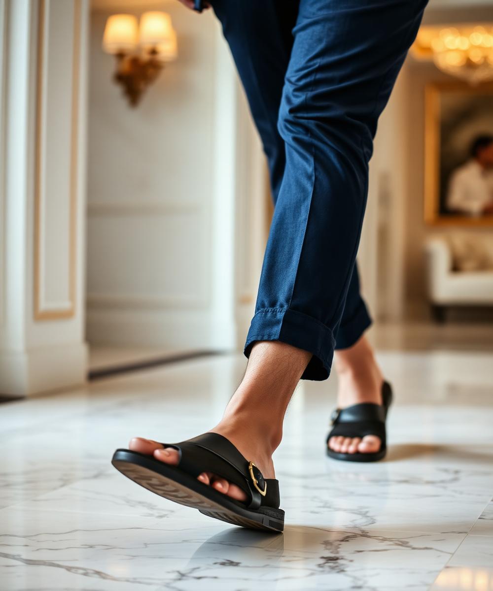 Leather sandals styled with navy chinos on marble flooring