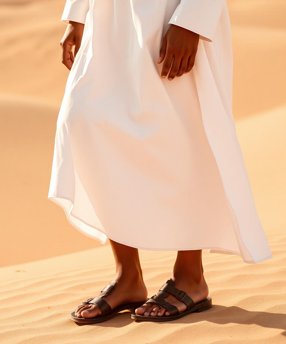 Leather sandals styled with a traditional white robe